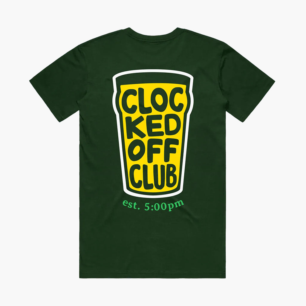 Green t-shirt with yellow and white graphic and text on a white background