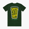 Green t-shirt with yellow and white graphic and text on a white background
