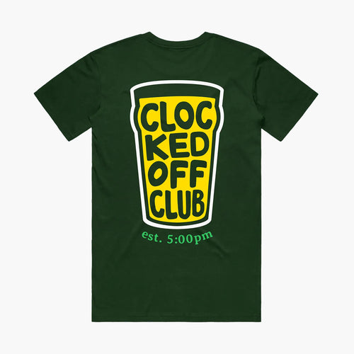 Green t-shirt with yellow and white graphic and text on a white background