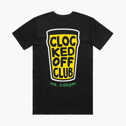 Black t-shirt with yellow and green 'Clocked Off Club' graphic on a white background