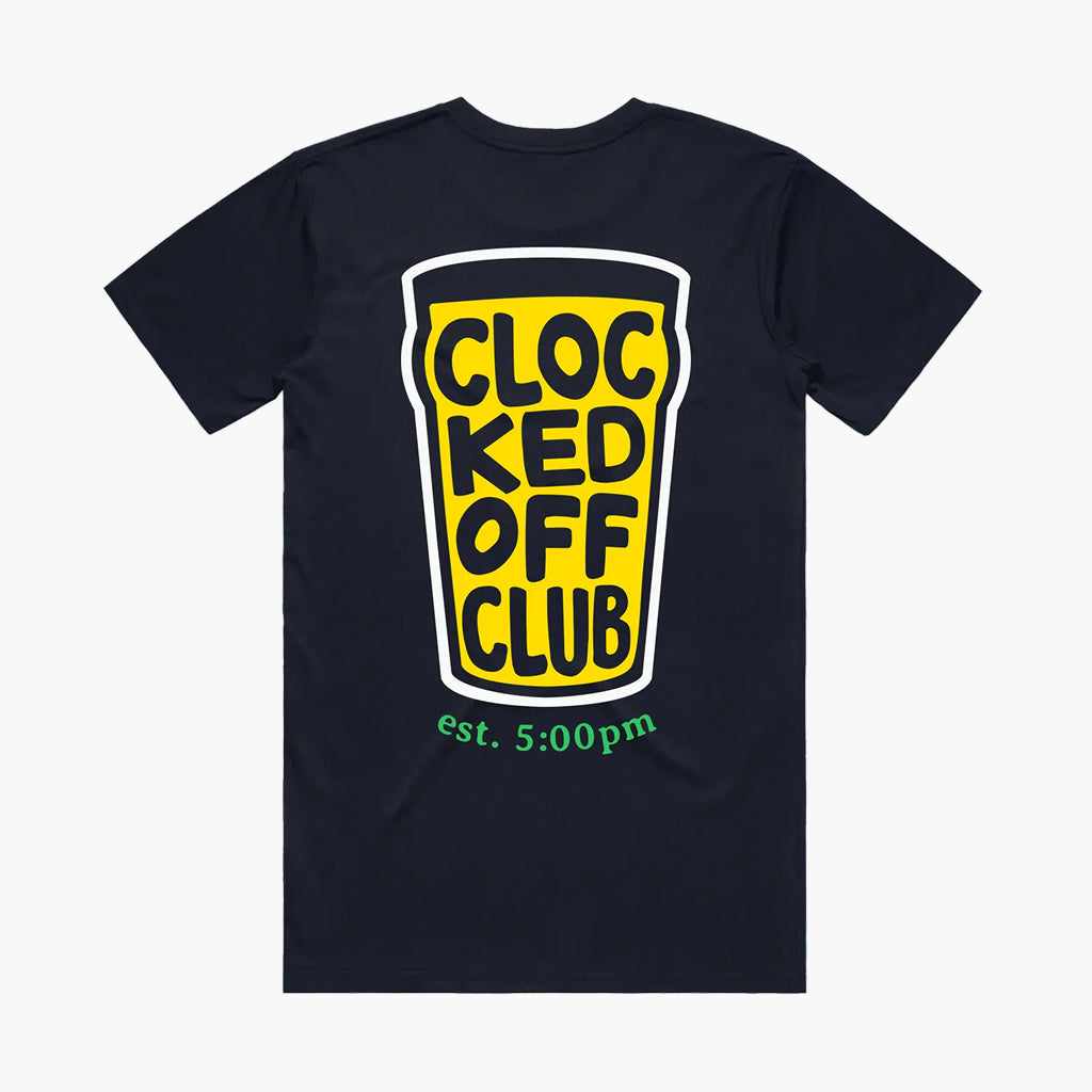 Navy t-shirt with yellow and white graphic and text on a white background
