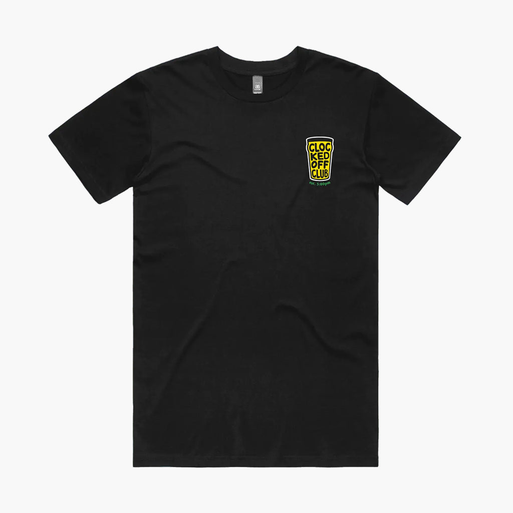 Black t-shirt with a yellow and black logo on a white background
