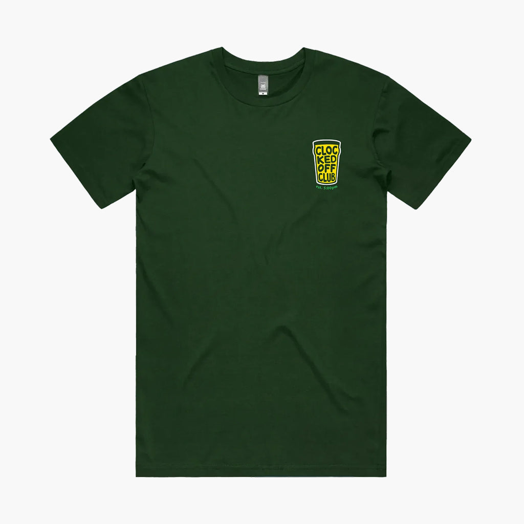 Green t-shirt with a small logo on the chest against a white background