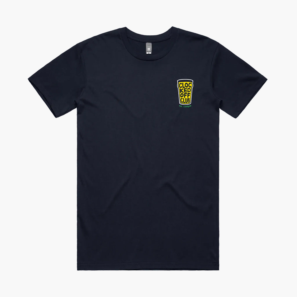Black t-shirt with a small logo on the chest against a white background