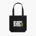 Black tote bag with white and yellow text on a white background